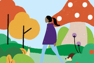 Illustration of a colourful, abstract landscape with a pale blue sky. In the foreground of the image are hedges, flowers, a hedgehog, and a snail. Slightly further from the foreground is a character wearing a purple coat with black hair in a ponytail, walking towards the left-hand side of the image. In the background are trees and an oversized mushroom.