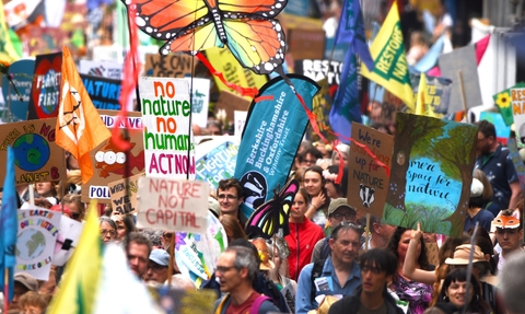 A group of people with signs in support of nature