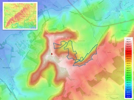 A relief map of the area around Dancersend in Buckinghamshire, with the boundaries of BBOWT's Dancersend Nature Reserve in blue.