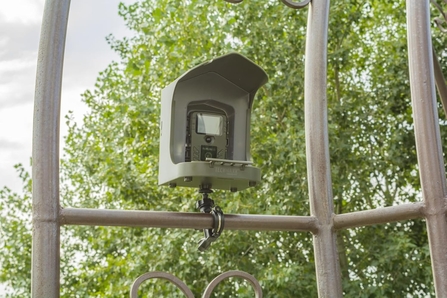 The bird feeder camera station secured outside