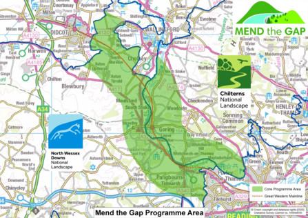 A map showing the Mend the Gap project area in Oxfordshire and Berkshire