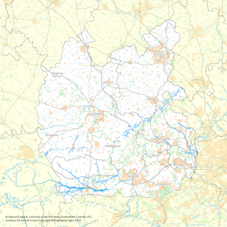 A map of Berkshire, Buckinghamshire & Oxfordshire, with dark blue lines representing chalk stream habitats.