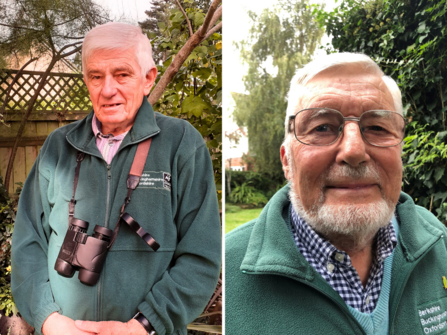 Two separate images of the awards winners - men wearing the green BBOWT fleeces smiling at the camera.